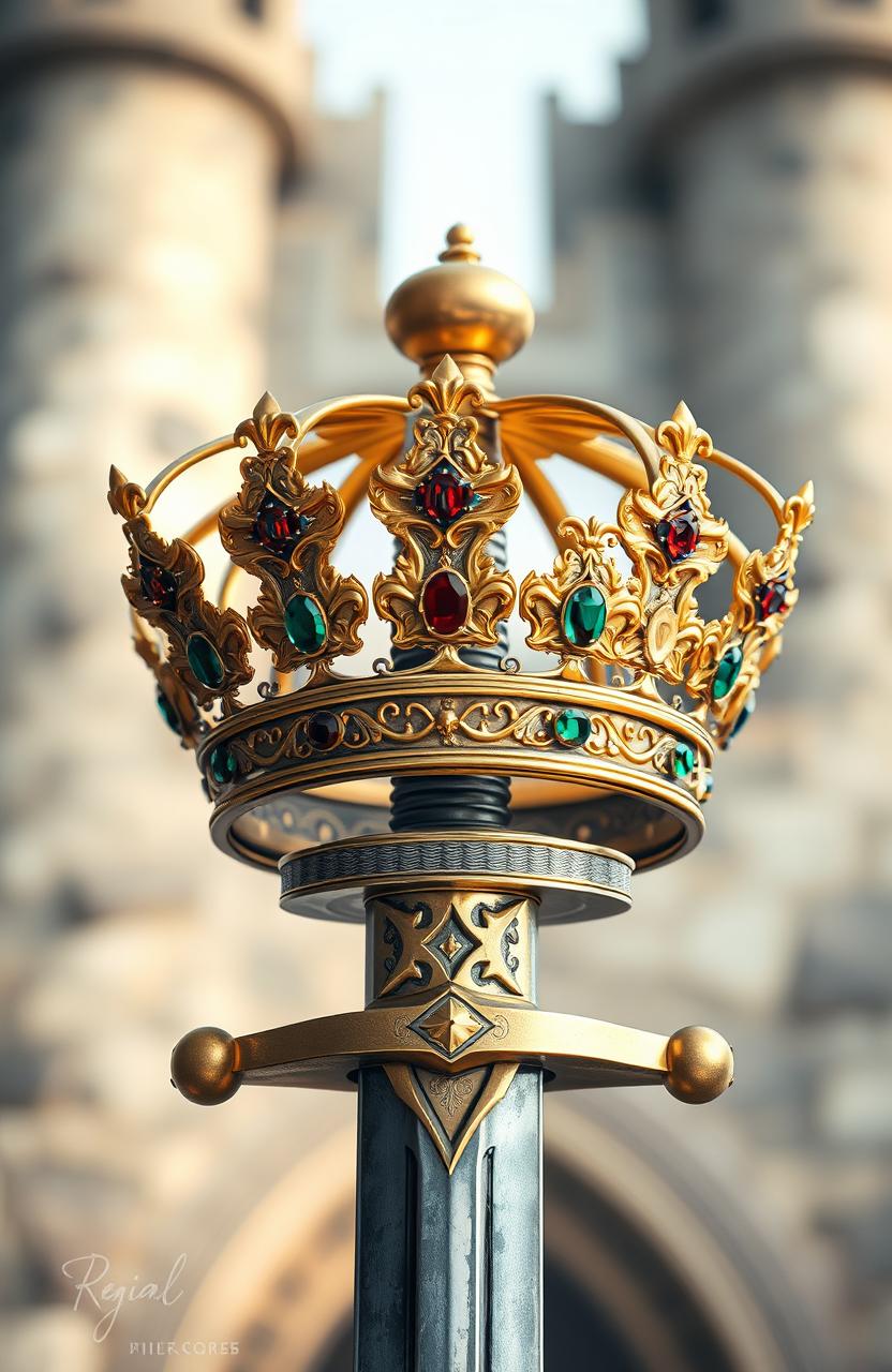 A stunningly realistic image of a golden crown intricately attached to a medieval sword