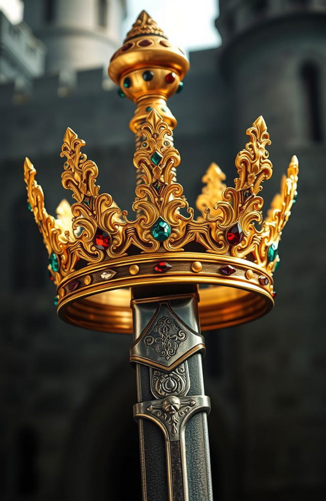 A stunningly realistic image of a golden crown intricately attached to a medieval sword