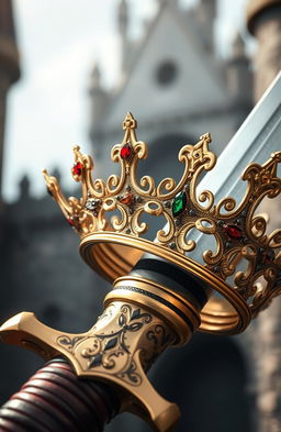 A stunningly realistic image of a golden crown intricately attached to a medieval sword