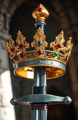 A stunningly realistic image of a golden crown intricately attached to a medieval sword