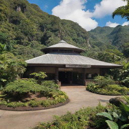 A detailed image of the iconic Visitor Center from the movie Jurassic Park, surrounded by lush, prehistoric foliage under a bright, sunny sky.