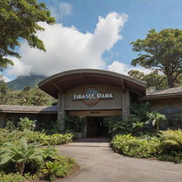 A detailed image of the iconic Visitor Center from the movie Jurassic Park, surrounded by lush, prehistoric foliage under a bright, sunny sky.