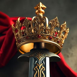 A realistic depiction of an ornate golden crown beautifully attached to an intricately designed medieval sword, the sword's blade reflecting light to highlight its sharpness