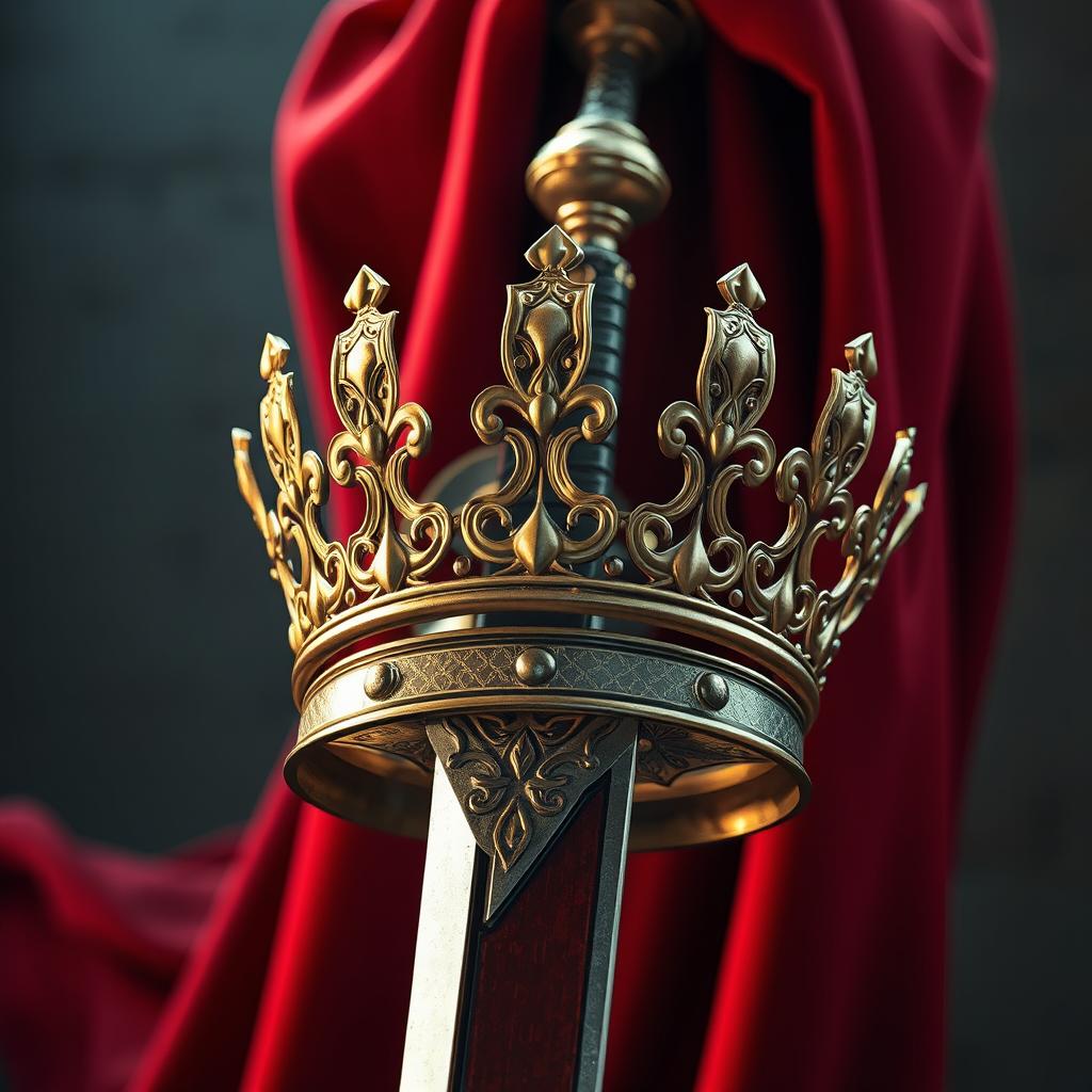 A realistic depiction of an ornate golden crown beautifully attached to an intricately designed medieval sword, the sword's blade reflecting light to highlight its sharpness