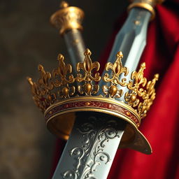 A realistic depiction of an ornate golden crown beautifully attached to an intricately designed medieval sword, the sword's blade reflecting light to highlight its sharpness