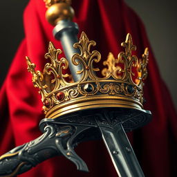 A realistic depiction of an ornate golden crown beautifully attached to an intricately designed medieval sword, the sword's blade reflecting light to highlight its sharpness