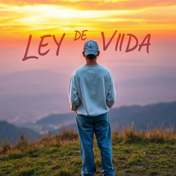 A contemplative teenager wearing a loose-fitting white pullover and baggy denim jeans stands on a grassy hill, gazing at a stunning sunset