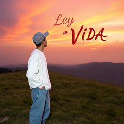 A contemplative teenager wearing a loose-fitting white pullover and baggy denim jeans stands on a grassy hill, gazing at a stunning sunset