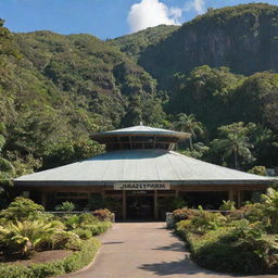 A detailed image of the iconic Visitor Center from the movie Jurassic Park, surrounded by lush, prehistoric foliage under a bright, sunny sky.