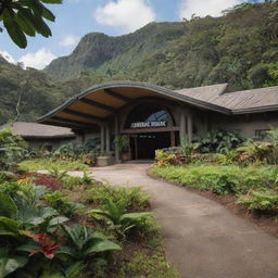 A detailed image of the iconic Visitor Center from the movie Jurassic Park, surrounded by lush, prehistoric foliage under a bright, sunny sky.