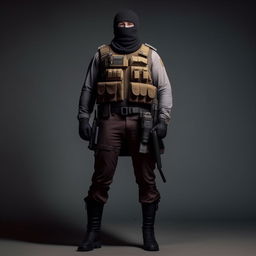 A Hollywood-style kidnapper commander wearing an ankle-length jacket, bullet-proof vest, and a knee-length jacket on top, adding to his intimidating presence.