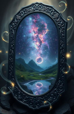 A mystical obsidian mirror with intricate carvings along the border, reflecting a starry night sky filled with vivid galaxies and colorful nebulae