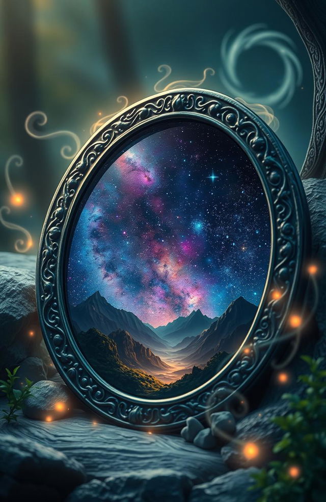 A mystical obsidian mirror with intricate carvings along the border, reflecting a starry night sky filled with vivid galaxies and colorful nebulae