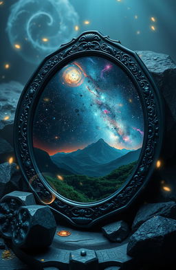 A mystical obsidian mirror with intricate carvings along the border, reflecting a starry night sky filled with vivid galaxies and colorful nebulae