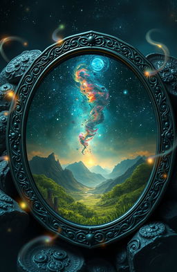 A mystical obsidian mirror with intricate carvings along the border, reflecting a starry night sky filled with vivid galaxies and colorful nebulae