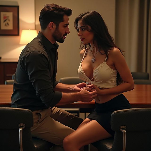 A captivating scene in a contemporary meeting room featuring a woman resembling Nushrat Bharucha in a stylish short skirt