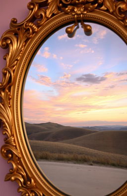 A mesmerizing, ornate mirror with intricate carvings and a golden finish, reflecting a dreamy, ethereal landscape with soft, pastel colors