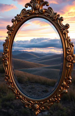 A mesmerizing, ornate mirror with intricate carvings and a golden finish, reflecting a dreamy, ethereal landscape with soft, pastel colors