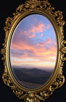 A mesmerizing, ornate mirror with intricate carvings and a golden finish, reflecting a dreamy, ethereal landscape with soft, pastel colors