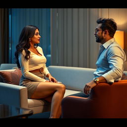 A stylish meeting room scene featuring a woman resembling Nushrat Bharucha in a chic short skirt