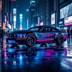 A custom 2005 Mustang transformed into a stunning cyberpunk vehicle, featuring an aerodynamic design with sharp angles and futuristic body kits