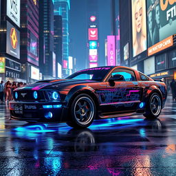 A custom 2005 Mustang transformed into a stunning cyberpunk vehicle, featuring an aerodynamic design with sharp angles and futuristic body kits