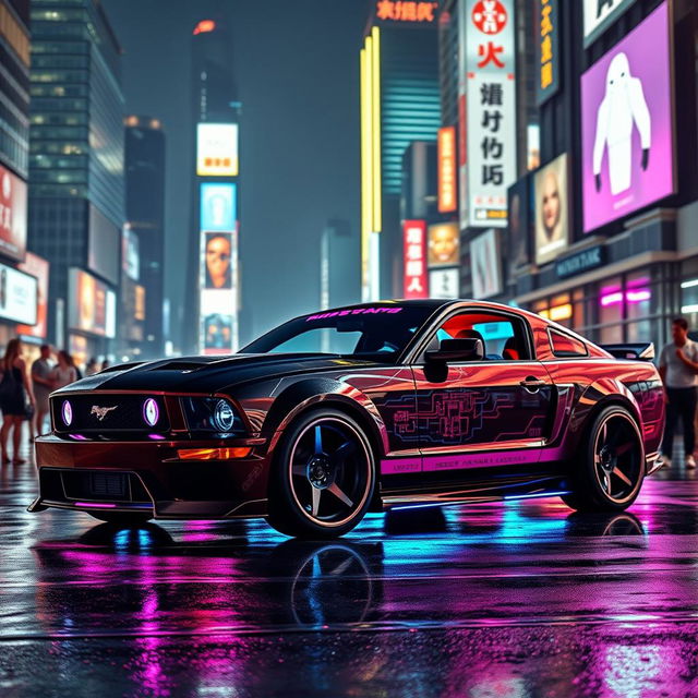 A custom 2005 Mustang transformed into a stunning cyberpunk vehicle, featuring an aerodynamic design with sharp angles and futuristic body kits