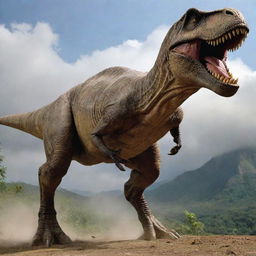 A lifelike image of the formidable T-Rex from Jurassic Park in a dynamic pose, showcasing its immense size and power.