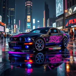 A custom 2005 Mustang transformed into a stunning cyberpunk vehicle, featuring an aerodynamic design with sharp angles and futuristic body kits