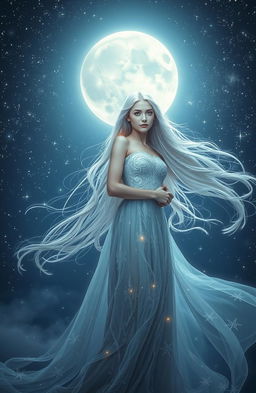 An ethereal scene showcasing Elara, a stunning and mysterious woman with flowing silver hair, standing gracefully under a canopy of twinkling stars