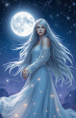 An ethereal scene showcasing Elara, a stunning and mysterious woman with flowing silver hair, standing gracefully under a canopy of twinkling stars