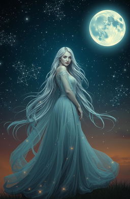 An ethereal scene showcasing Elara, a stunning and mysterious woman with flowing silver hair, standing gracefully under a canopy of twinkling stars