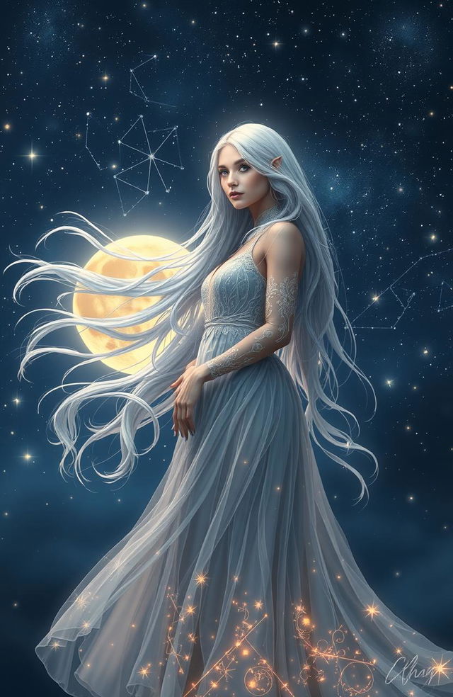 An ethereal scene showcasing Elara, a stunning and mysterious woman with flowing silver hair, standing gracefully under a canopy of twinkling stars