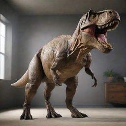 A lifelike image of the formidable T-Rex from Jurassic Park in a dynamic pose, showcasing its immense size and power.