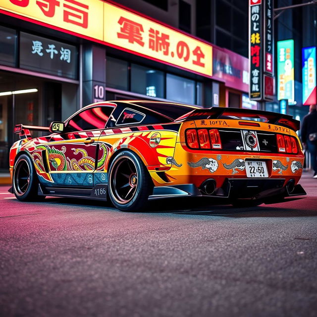 A Bosozoku-style 2005 Ford Mustang, featuring a dramatic and flamboyant body kit with exaggerated front and rear bumpers, colorful racing stripes, and custom paint that includes traditional Japanese motifs