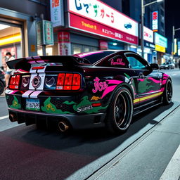 A Bosozoku-style 2005 Ford Mustang, featuring a dramatic and flamboyant body kit with exaggerated front and rear bumpers, colorful racing stripes, and custom paint that includes traditional Japanese motifs