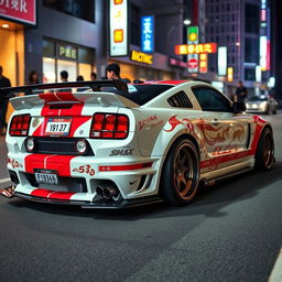 A Bosozoku-style 2005 Ford Mustang, featuring a dramatic and flamboyant body kit with exaggerated front and rear bumpers, colorful racing stripes, and custom paint that includes traditional Japanese motifs