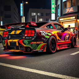 A Bosozoku-style 2005 Ford Mustang, featuring a dramatic and flamboyant body kit with exaggerated front and rear bumpers, colorful racing stripes, and custom paint that includes traditional Japanese motifs