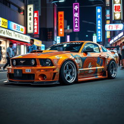 A Bosozoku-style 2005 Ford Mustang, showcasing a unique and flamboyant body kit with exaggerated features such as extended front and rear bumpers and a bold custom paint job incorporating traditional Japanese art and characters