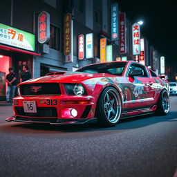 A Bosozoku-style 2005 Ford Mustang, showcasing a unique and flamboyant body kit with exaggerated features such as extended front and rear bumpers and a bold custom paint job incorporating traditional Japanese art and characters