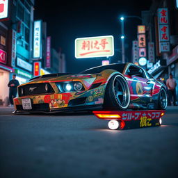 A Bosozoku-style 2005 Ford Mustang, showcasing a unique and flamboyant body kit with exaggerated features such as extended front and rear bumpers and a bold custom paint job incorporating traditional Japanese art and characters