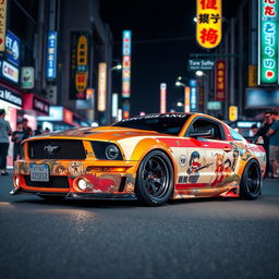 A Bosozoku-style 2005 Ford Mustang, showcasing a unique and flamboyant body kit with exaggerated features such as extended front and rear bumpers and a bold custom paint job incorporating traditional Japanese art and characters