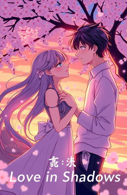 A romantic scene portraying the theme of 'Love in Shadows', styled as a colorful manhwa illustration