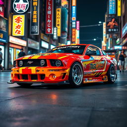 A striking Bosozoku-style 2005 Ford Mustang, featuring an elaborate and aggressive body kit with extended bumpers, bold side skirts, and a vivid color scheme that includes bright reds and yellows with Japanese graphical elements