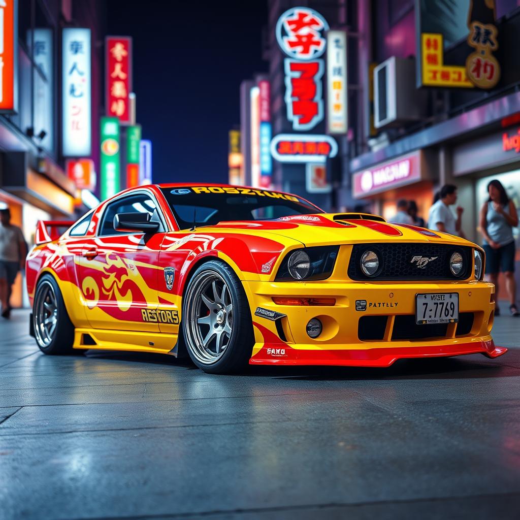 A striking Bosozoku-style 2005 Ford Mustang, featuring an elaborate and aggressive body kit with extended bumpers, bold side skirts, and a vivid color scheme that includes bright reds and yellows with Japanese graphical elements