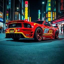 A striking Bosozoku-style 2005 Ford Mustang, featuring an elaborate and aggressive body kit with extended bumpers, bold side skirts, and a vivid color scheme that includes bright reds and yellows with Japanese graphical elements
