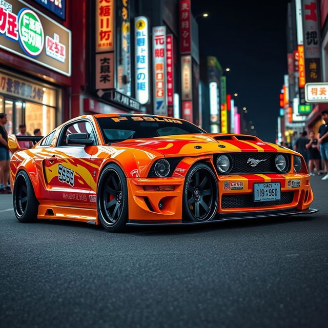 A striking Bosozoku-style 2005 Ford Mustang, featuring an elaborate and aggressive body kit with extended bumpers, bold side skirts, and a vivid color scheme that includes bright reds and yellows with Japanese graphical elements