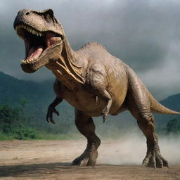 An imposing and lifelike image of the iconic two-legged T-Rex from the Jurassic Park film, emphasizing its minute arms and immense power.