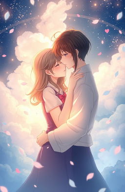 A romantic and intimate scene between two lovers in a dreamy, ethereal setting