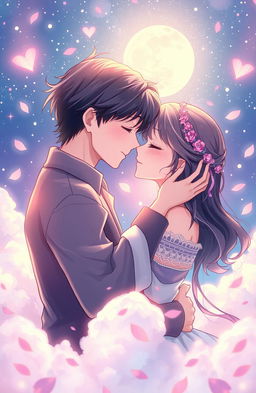 A romantic and intimate scene between two lovers in a dreamy, ethereal setting